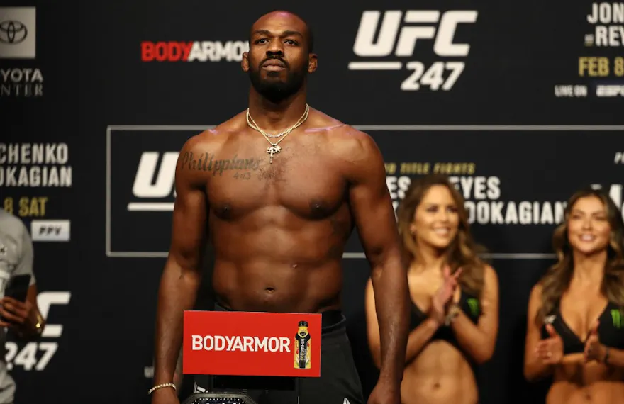 Jon Jones steps on the scale during the UFC 247 ceremonial weigh-in at Toyota Center.