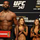 Jon Jones steps on the scale during the UFC 247 ceremonial weigh-in at Toyota Center.