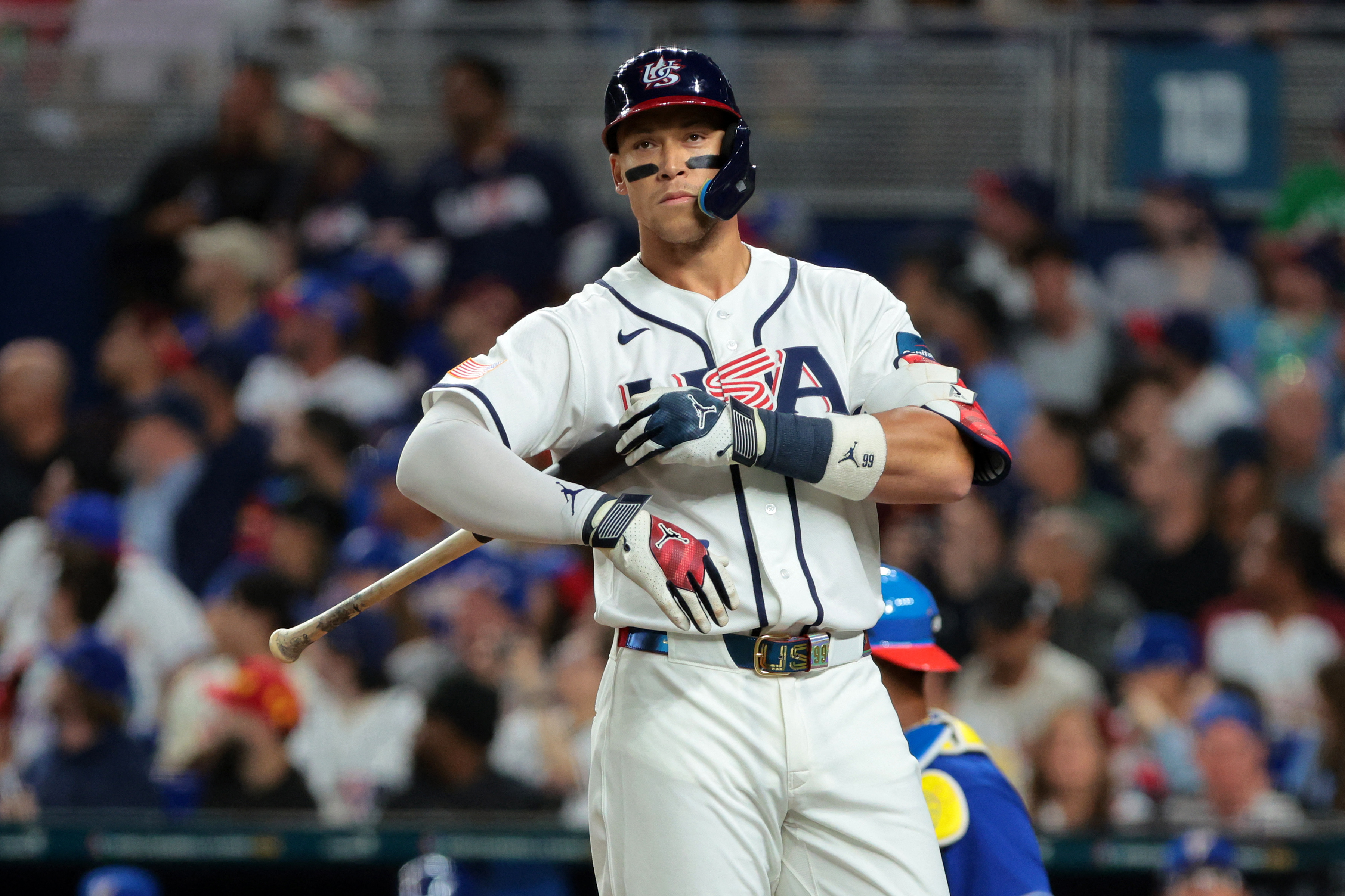 United States right fielder Aaron Judge (99) reacts after striking out against Venezuela in the first inning during the 2026 World Baseball Classic Championship game at loanDepot Park.