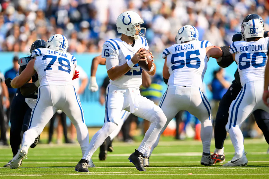 Indianapolis Colts quarterback Joe Flacco (15) stands in the pocket as make our best Colts vs. Vikings SNF parlay picks.