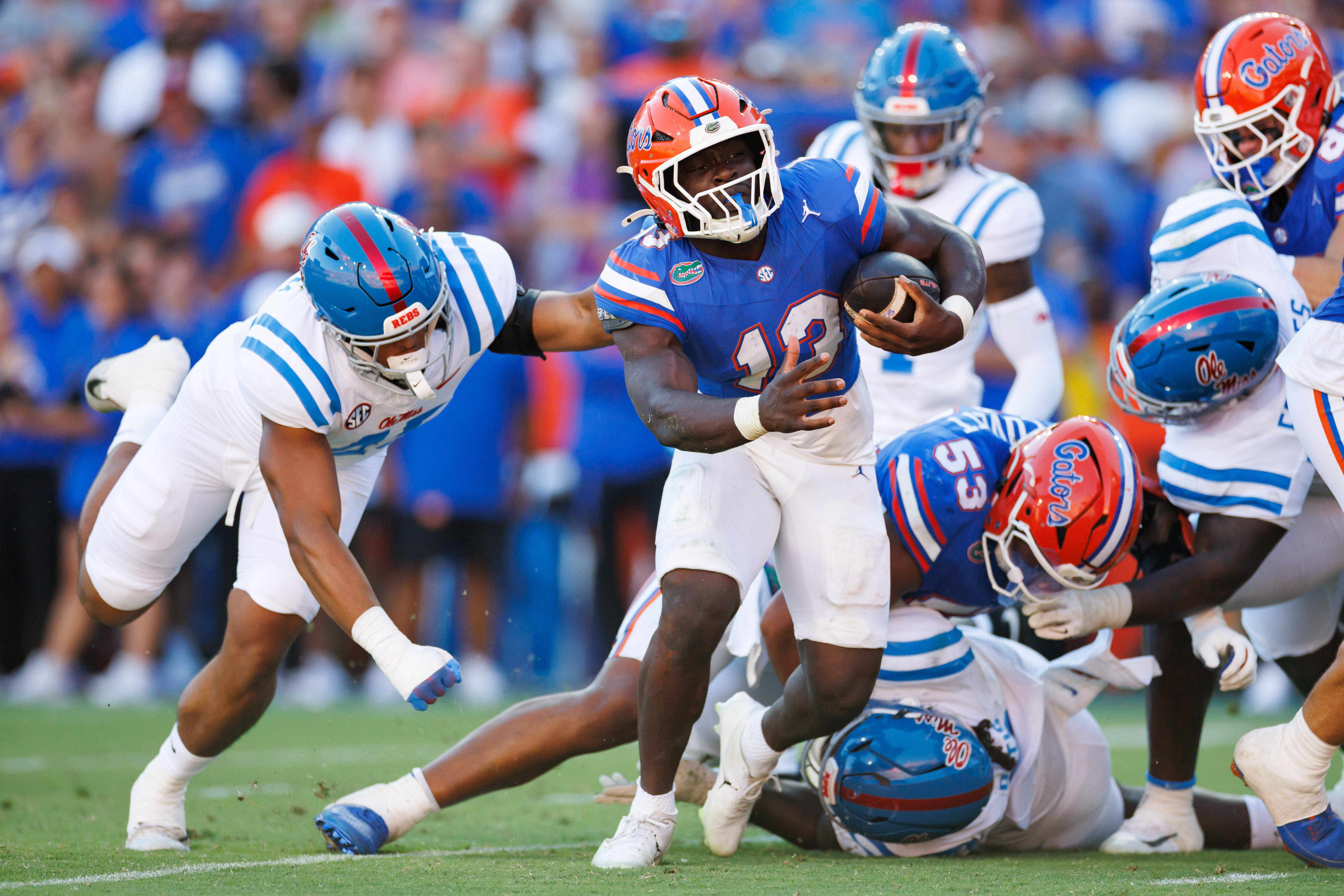 Pictured: Running back Jadan Baugh in action as we break down our Florida vs. Missouri Prediction. Photo by Matt Pendleton-Imagn Images.