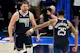 Luka Doncic and P.J. Washington of the Dallas Mavericks celebrate during Game 3 of the Western Conference Finals. We're backing Doncic in our Mavericks vs. Timberwolves Parlay. 