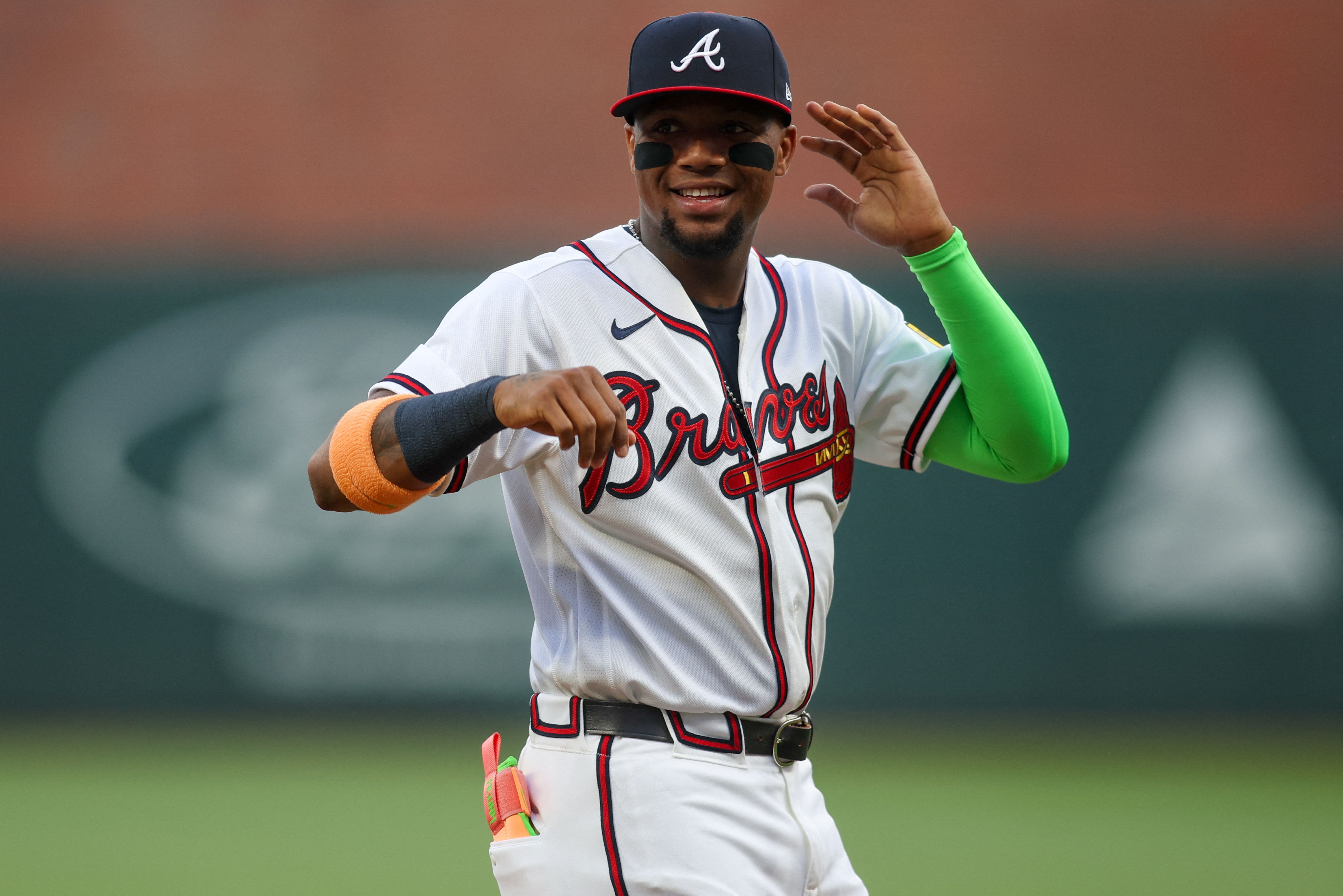 Atlanta Braves right fielder Ronald Acuna Jr. reacts, and he's key as we look at our home run predictions today.
