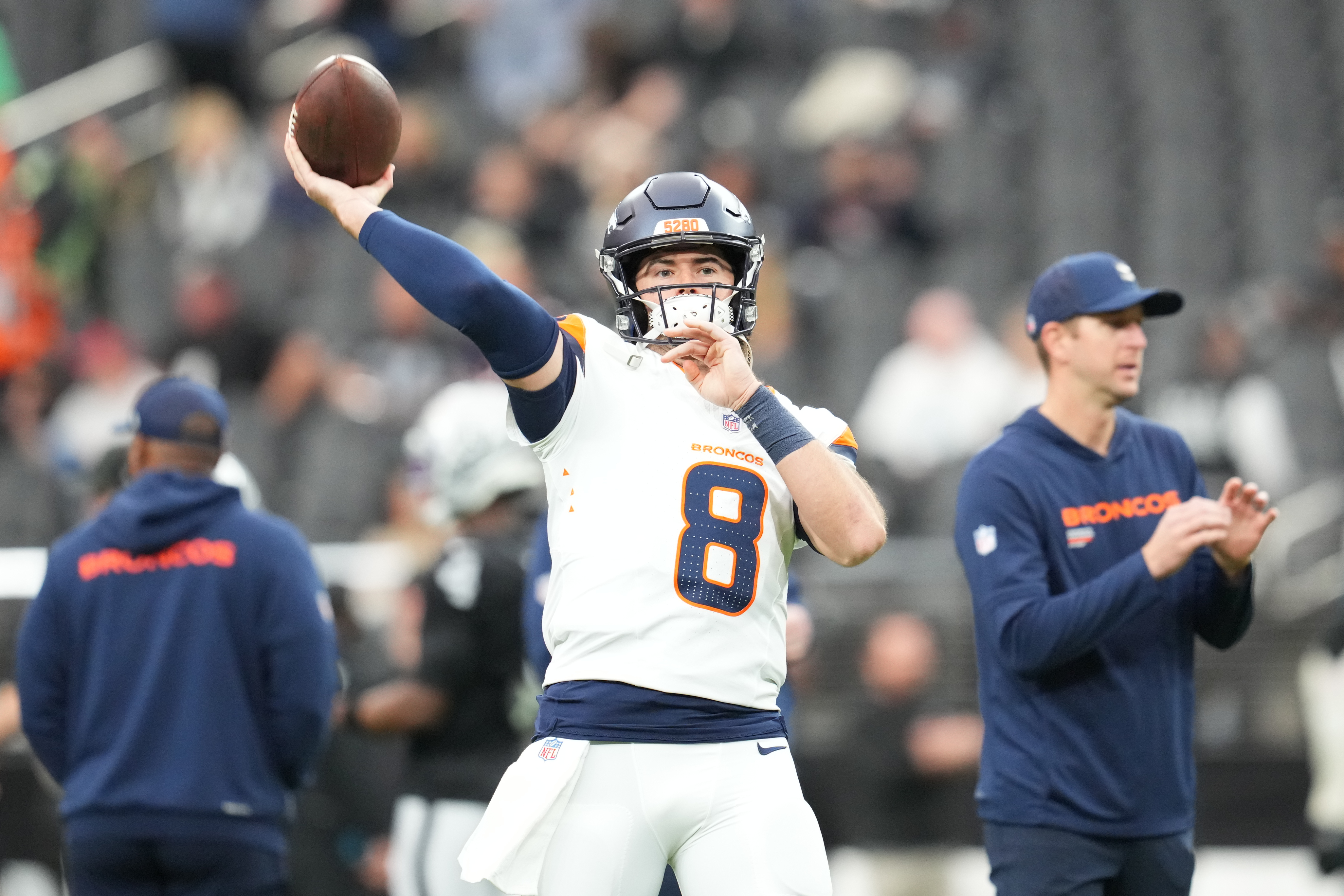 Denver Broncos quarterback Jarrett Stidham (8) warms up prior to a game as we look at his Super Bowl MVP odds