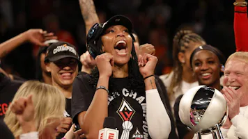 A'ja Wilson of the Las Vegas Aces celebrates after defeating the New York Liberty during Game 4 of the 2023 WNBA Finals. The Aces are the favorite by the 2024 WNBA Championship Odds. 