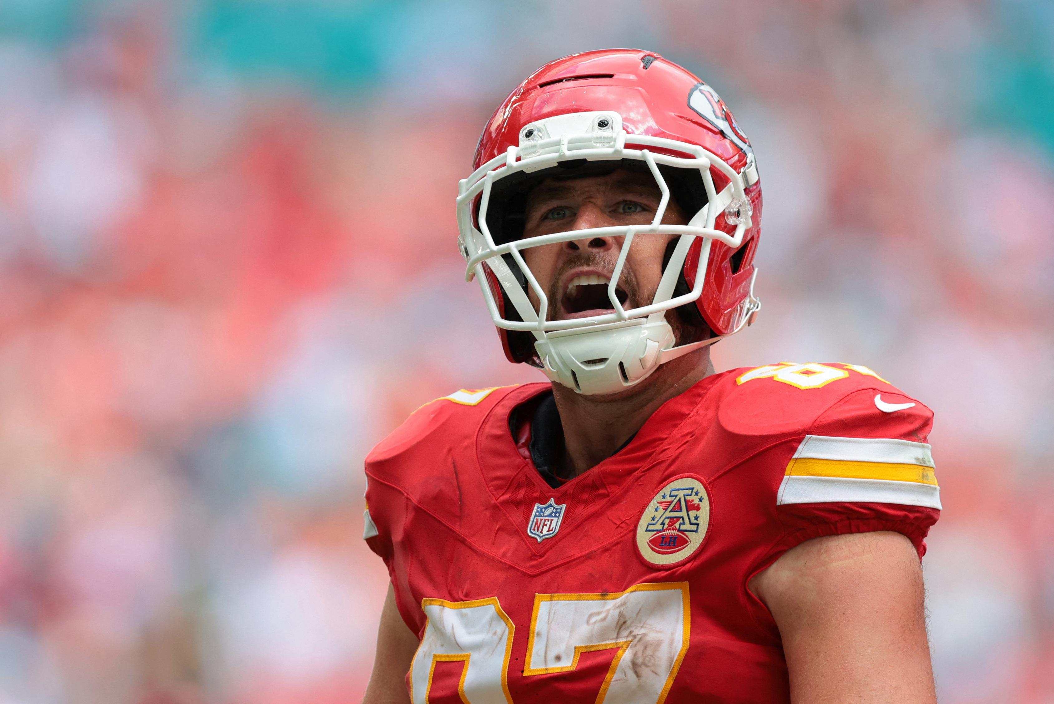 Kansas City Chiefs tight end Travis Kelce (87) celebrates as we provide our Chargers vs. Chiefs player props.