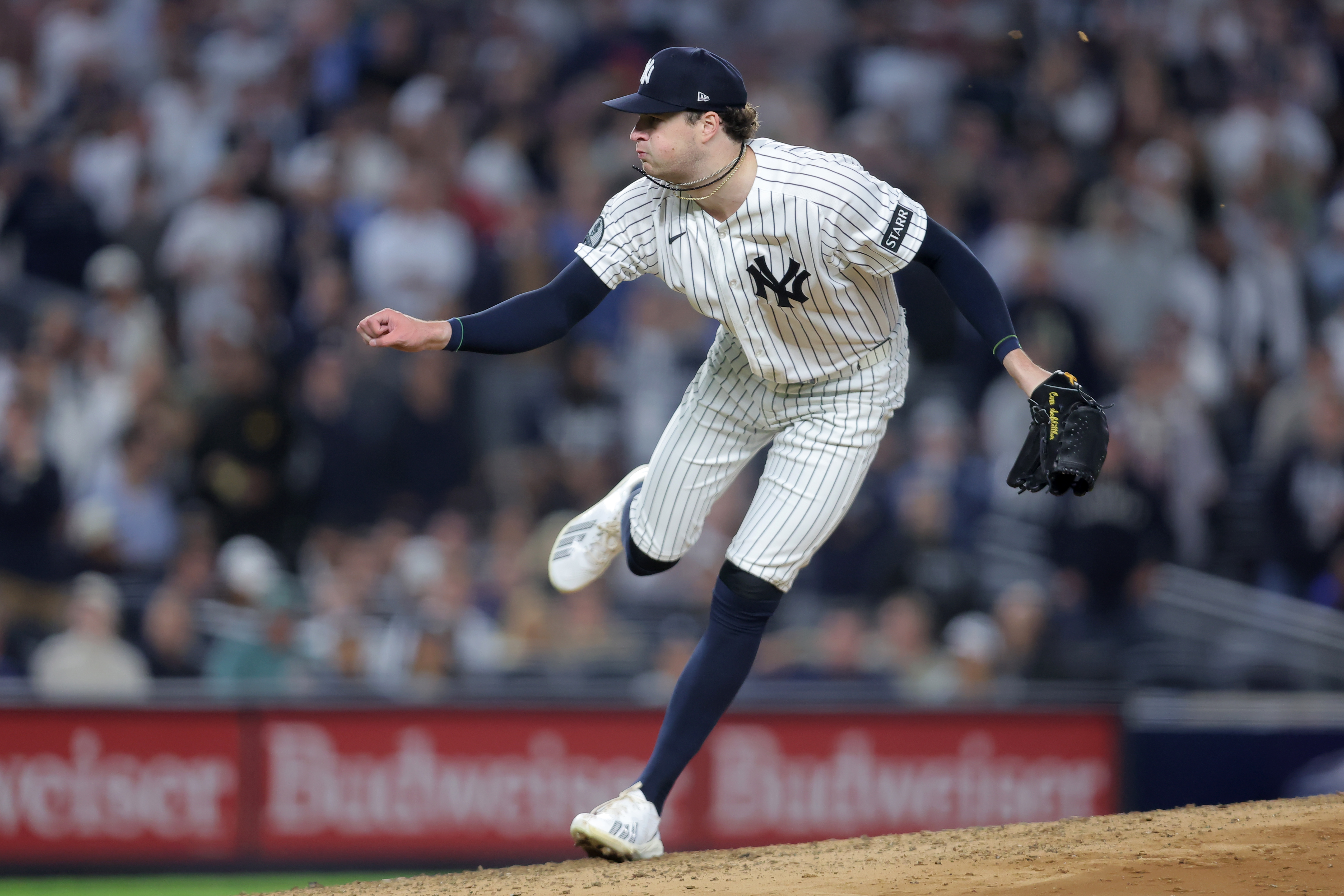 New York Yankees starting pitcher Cam Schlittler follows through on a pitch as we make our best Yankees vs. Rays ALDS Game 2 predictions.