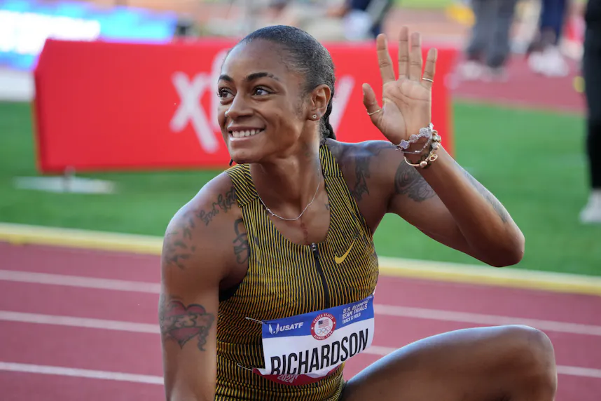 Sha'Carri Richardson celebrates after winning the women's 200m heat during the US Olympic Team Trials.