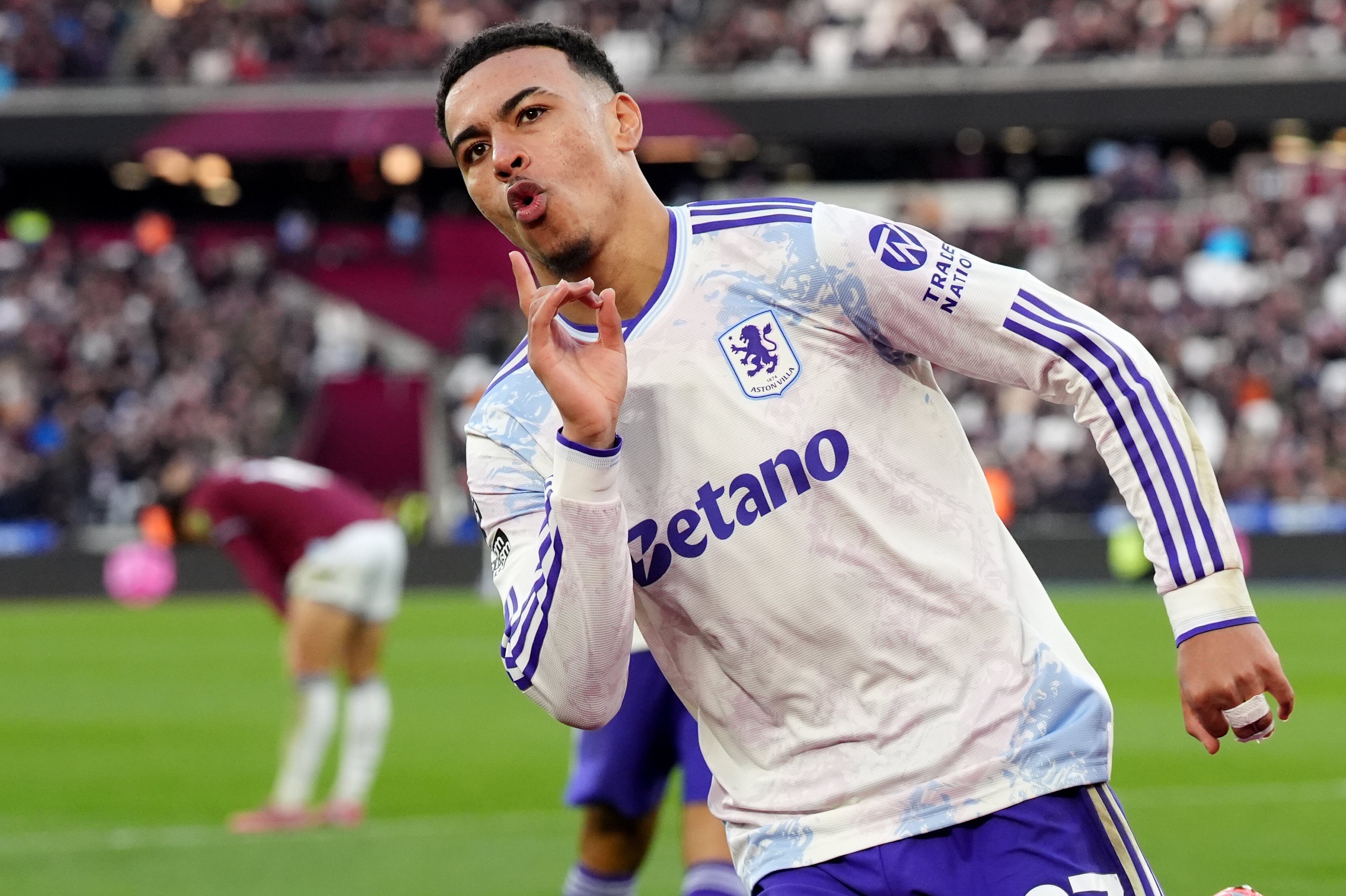 Aston Villa's Morgan Rogers celebrates after scoring as we offer our best Aston Villa vs. Manchester United prediction