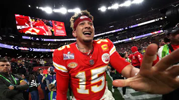 Patrick Mahomes #15 of the Kansas City Chiefs celebrates after defeating the San Francisco 49ers as we look at the Super Bowl odds