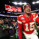 Patrick Mahomes #15 of the Kansas City Chiefs celebrates after defeating the San Francisco 49ers as we look at the Super Bowl odds