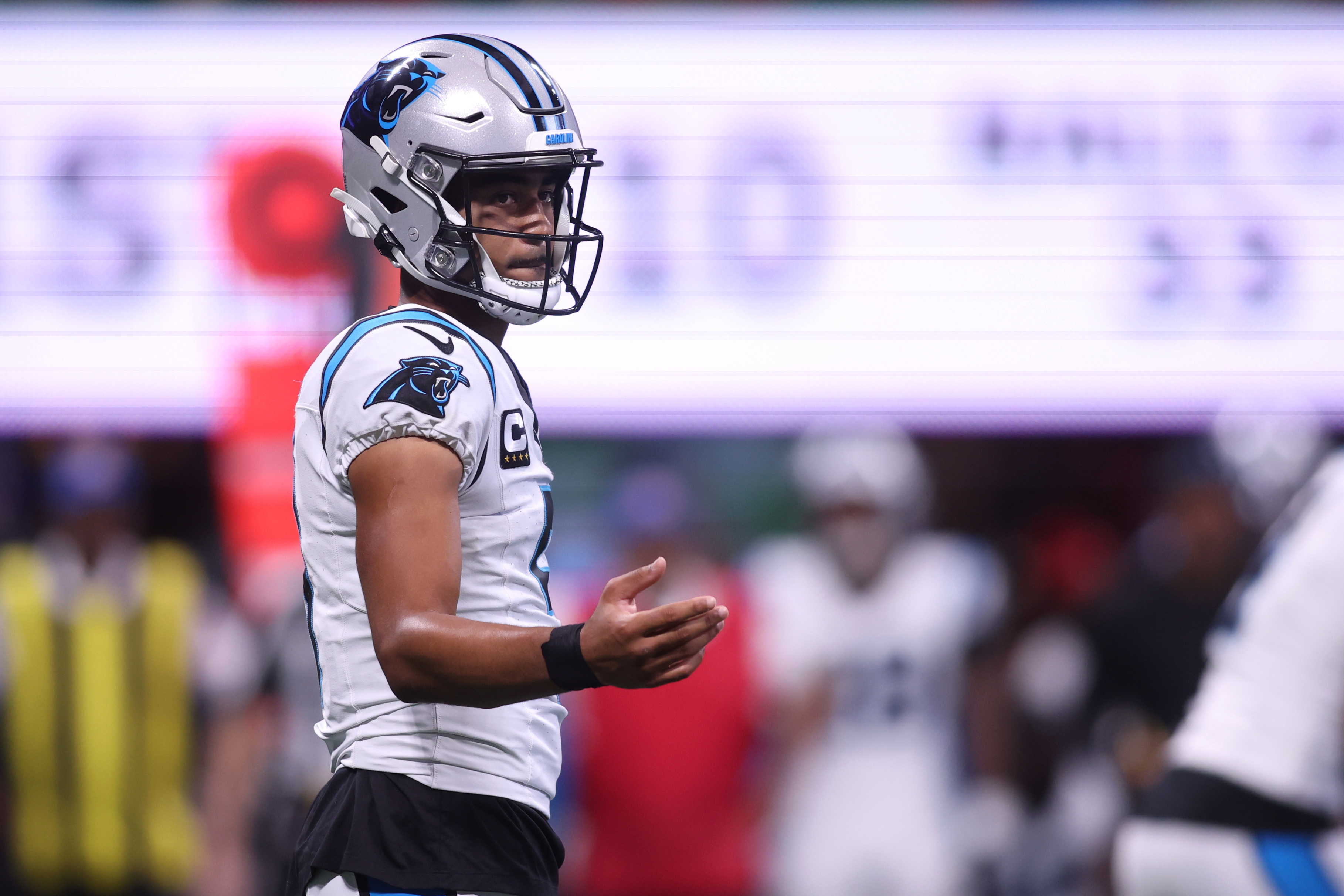 Carolina Panthers quarterback Bryce Young (9) looks on as we offer our NFL moneyline picks for Week 3.