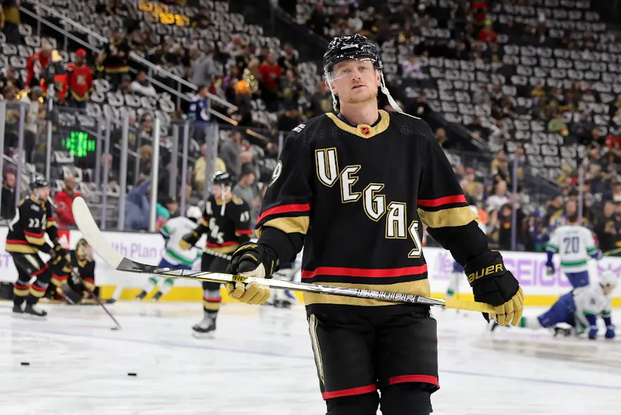 Jack Eichel of the Vegas Golden Knights warms up before a game against the Vancouver Canucks at T-Mobile Arena.