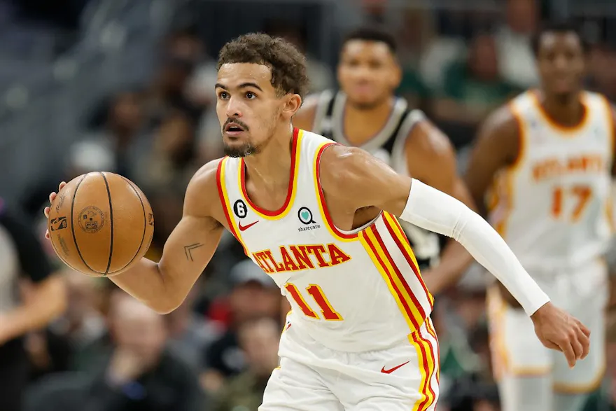 Trae Young #11 of the Atlanta Hawks leads a fast break during the second half of the game against the Milwaukee Bucks at Fiserv Forum on October 29, 2022 in Milwaukee, Wisconsin.