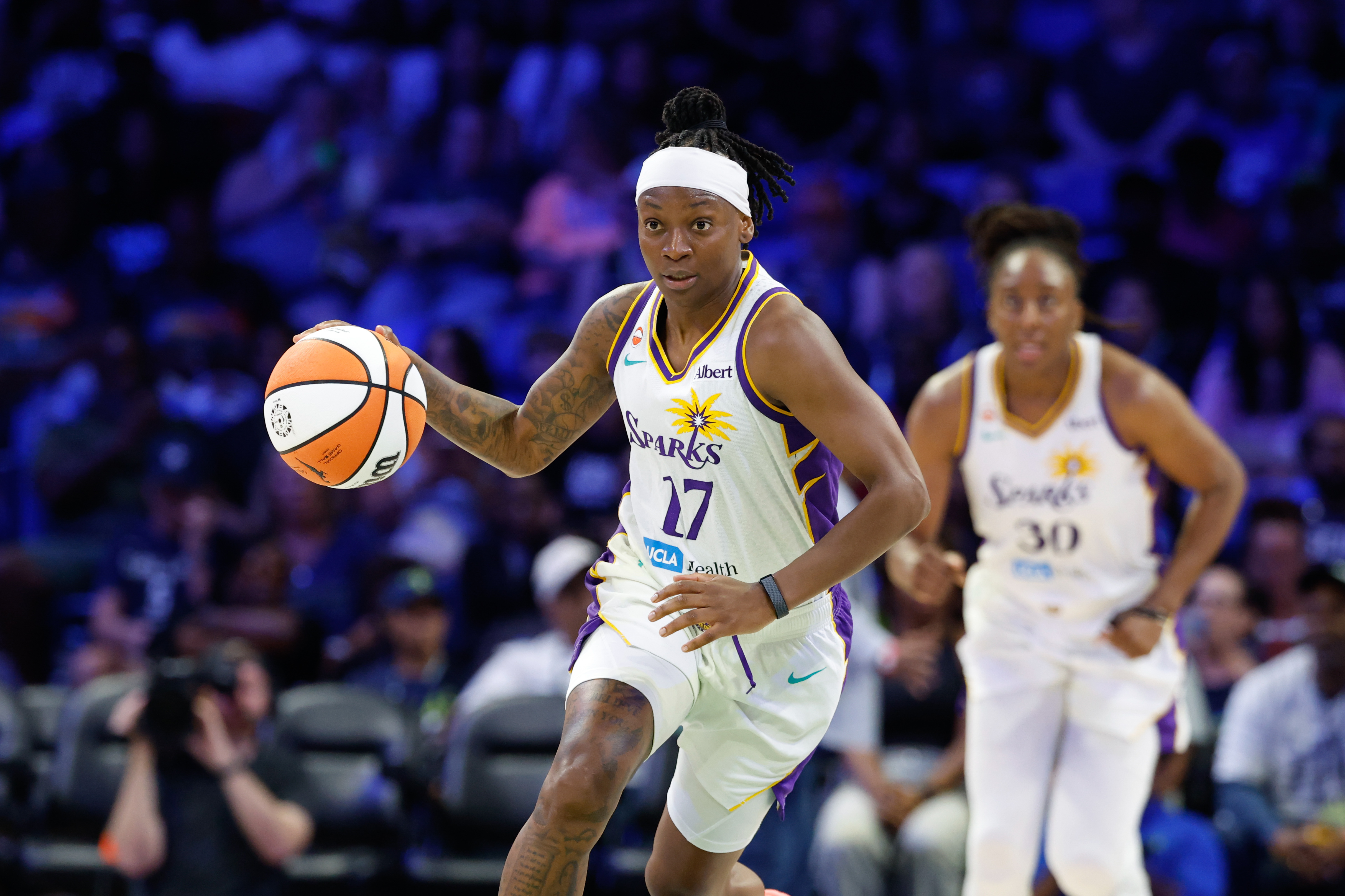 Los Angeles Sparks guard Erica Wheeler (17) dribbles as we break down our Sparks vs. Lynx prediction.