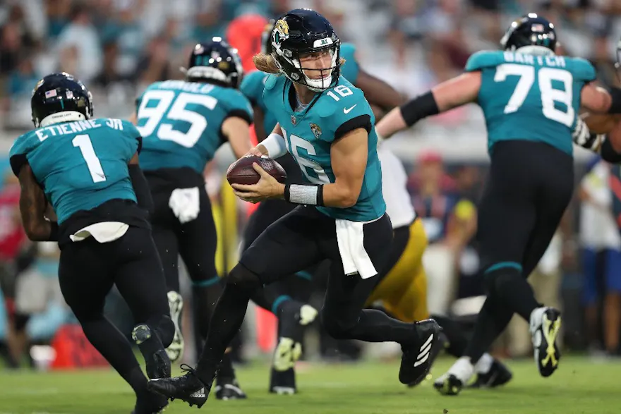 Trevor Lawrence of the Jacksonville Jaguars drops back for a pass against the Pittsburgh Steelers at TIAA Bank Field.