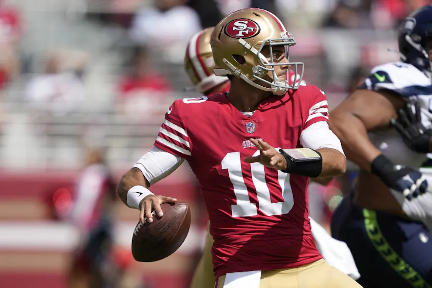 Jimmy Garoppolo of the San Francisco 49ers passes the ball against the Seattle Seahawks at Levi's Stadium on Sept. 18, 2022 in Santa Clara, California
