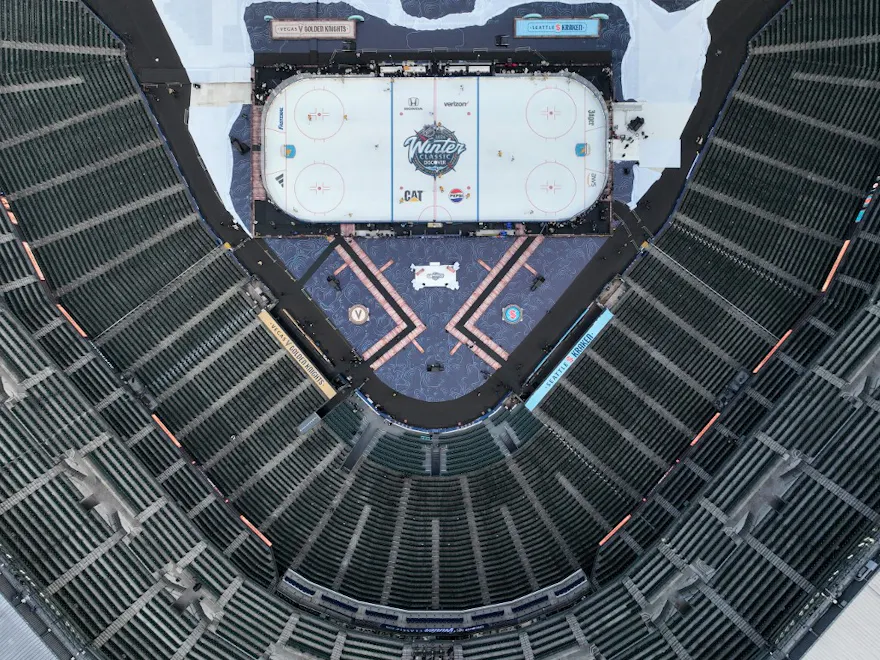 A general view of the Discover NHL Winter Classic ice rink is seen during practice as we look at our Golden Knights vs. Kraken NHL Winter Classic player props