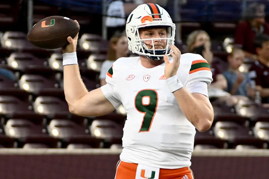 Tyler Van Dyke of the Miami Hurricanes warms up prior to the game against the Texas A&M Aggies.