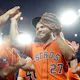 Jose Altuve of the Houston Astros celebrates with his teammates after defeating the Texas Rangers in Game 5 of the American League Championship Series at Globe Life Field as we look at our MLB best best and player props for Friday.