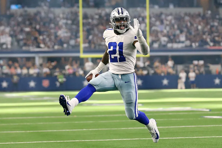 Ezekiel Elliott of the Dallas Cowboys celebrates as he runs the ball for a touchdown during the second half against the New York Giants.