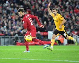 Liverpool forward Mohamed Salah carries the ball during the English FA Cup, 3rd round match between Liverpool and Wolverhampton Wanderers on Jan. 7, 2023 at Anfield stadium in Liverpool, England.