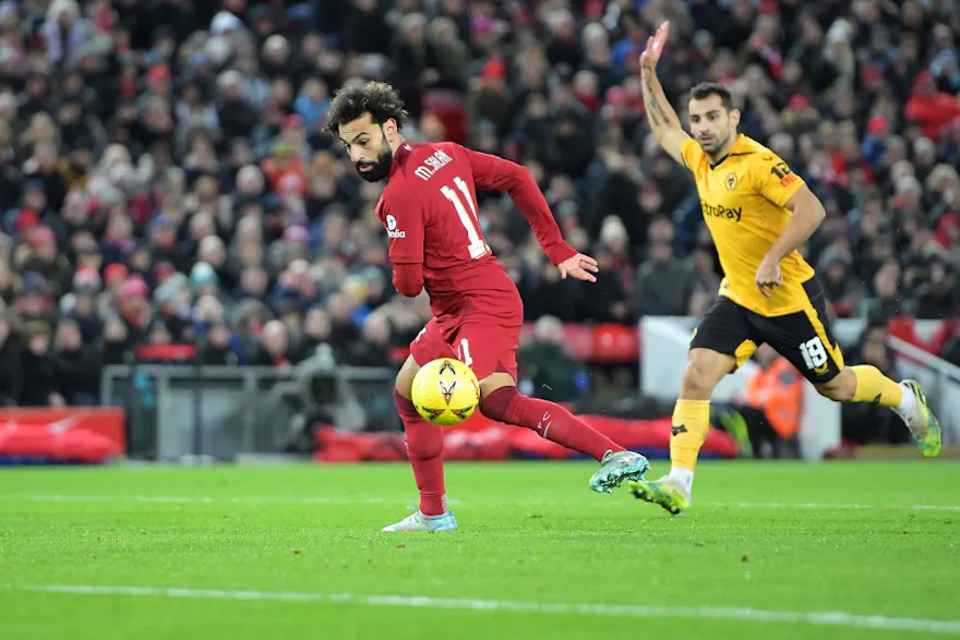 Liverpool forward Mohamed Salah carries the ball during the English FA Cup, 3rd round match between Liverpool and Wolverhampton Wanderers on Jan. 7, 2023 at Anfield stadium in Liverpool, England.