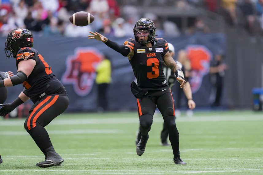 BC Lions quarterback Vernon Adams Jr. makes a pass against the Edmonton Elks in the first half at BC Place. We're backing BC in our Lions vs. Tiger-Cats Prediction.