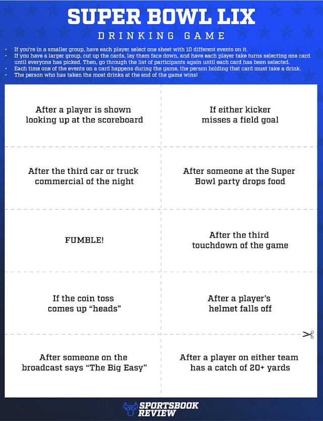 Super Bowl 59 drinking game cards.<br>