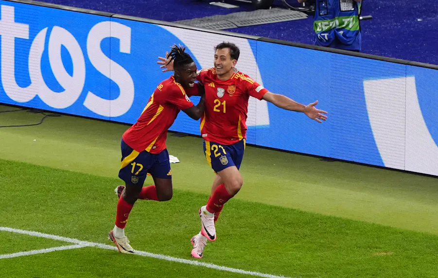 Spain's Mikel Oyarzabal celebrates scoring his side's second goal as we look at the best Euro 2028 odds and recap the Euro 2024.