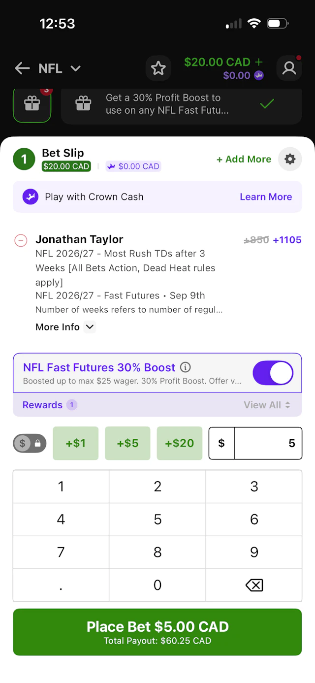 DraftKings Sportsbook betslip showing a $5 bet on Jonathan Taylor Most Rush TDs after 3 weeks.