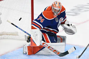 Edmonton Oilers goaltender Stuart Skinner makes a save as we look at the possible legalization of sports betting in Alberta.