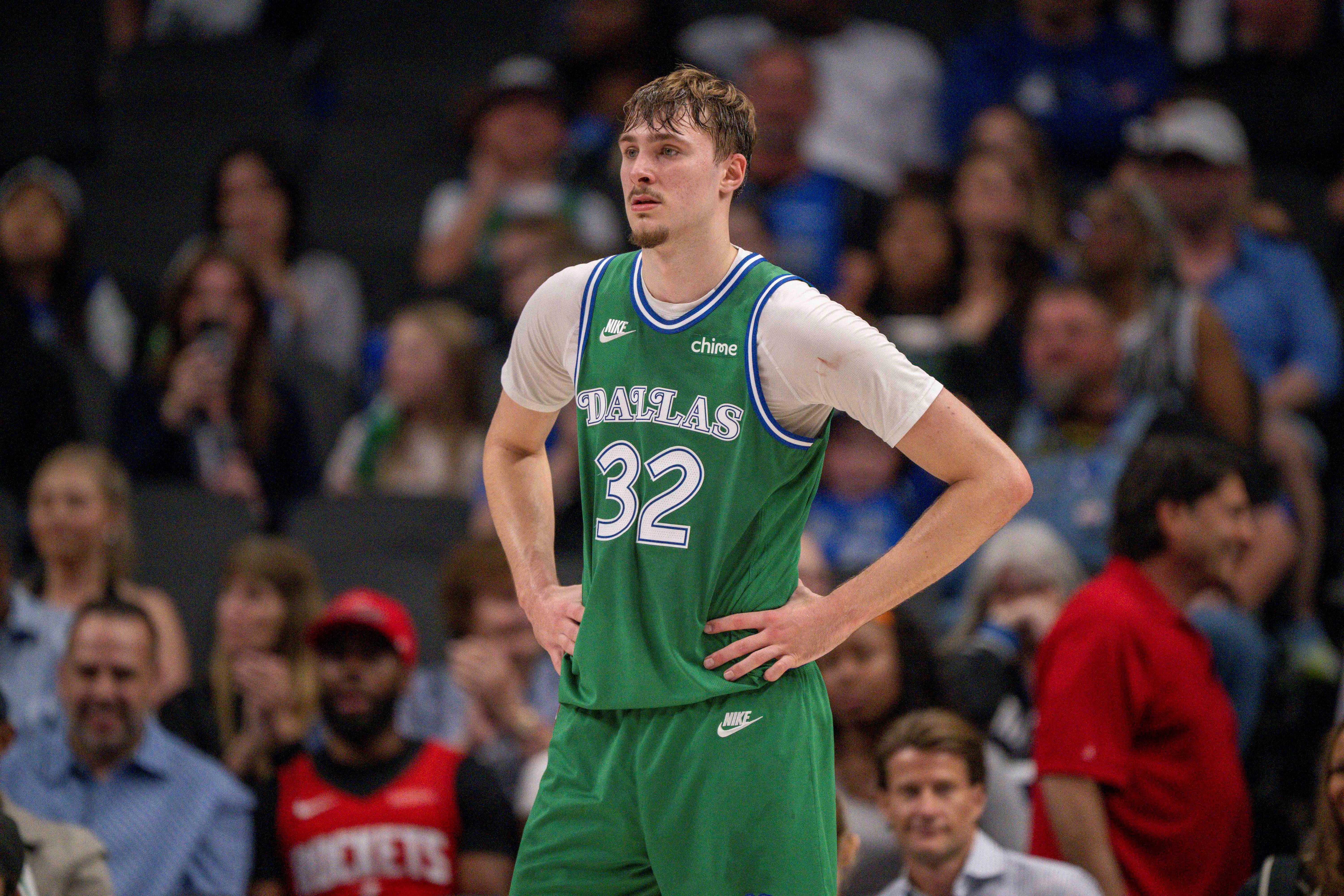 Dallas Mavericks forward Cooper Flagg (32), seen here looking on during a game, is featured in our NBA player props tonight.