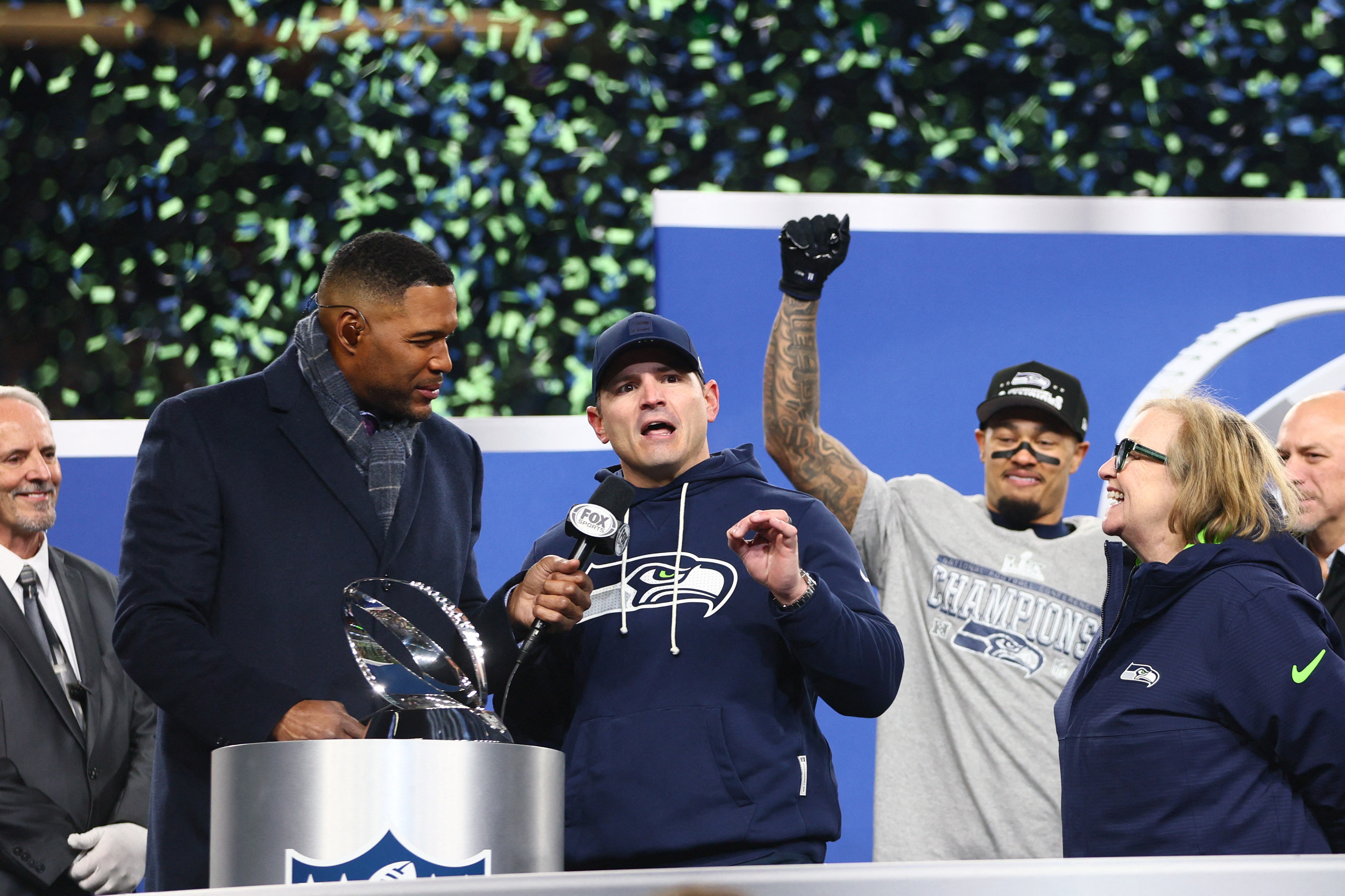 Seattle Seahawks head coach Mike MacDonald speaks on the podium after defeating the Los Angeles Rams in the 2026 NFC Championship Game at Lumen Field as we look at the Super Bowl Gatorade color odds
