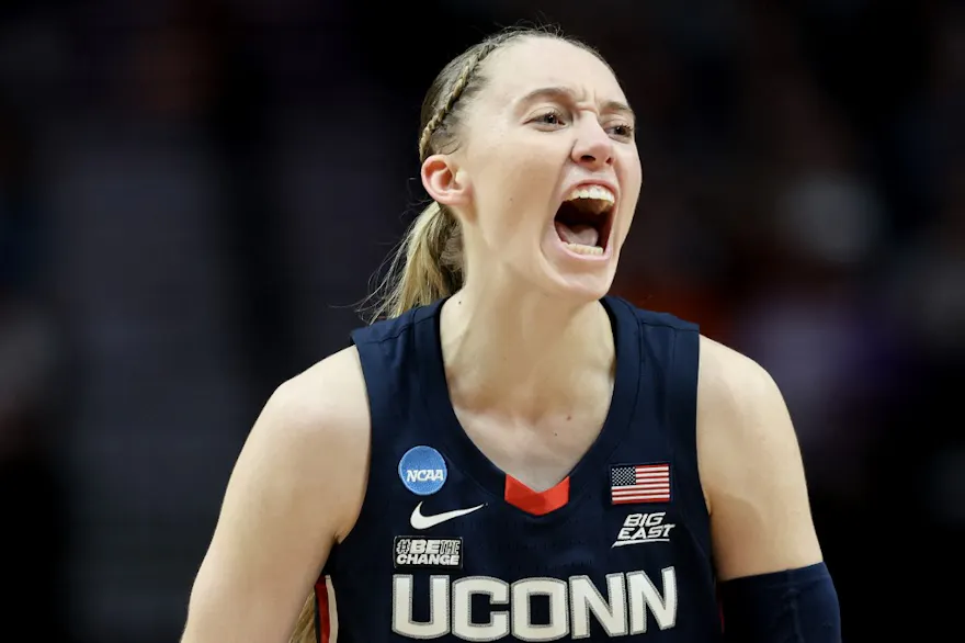 Paige Bueckers #5 of the Connecticut Huskies yells after a play as we offer our best UConn vs. Iowa prediction and pick for the women's Final Four on Friday.