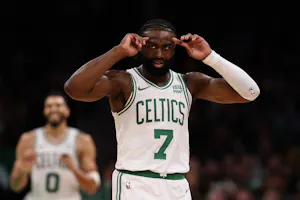 Jaylen Brown of the Boston Celtics gestures during the second quarter against the Cleveland Cavaliers, and we offer our top NBA player props and expert picks based on the best NBA odds.