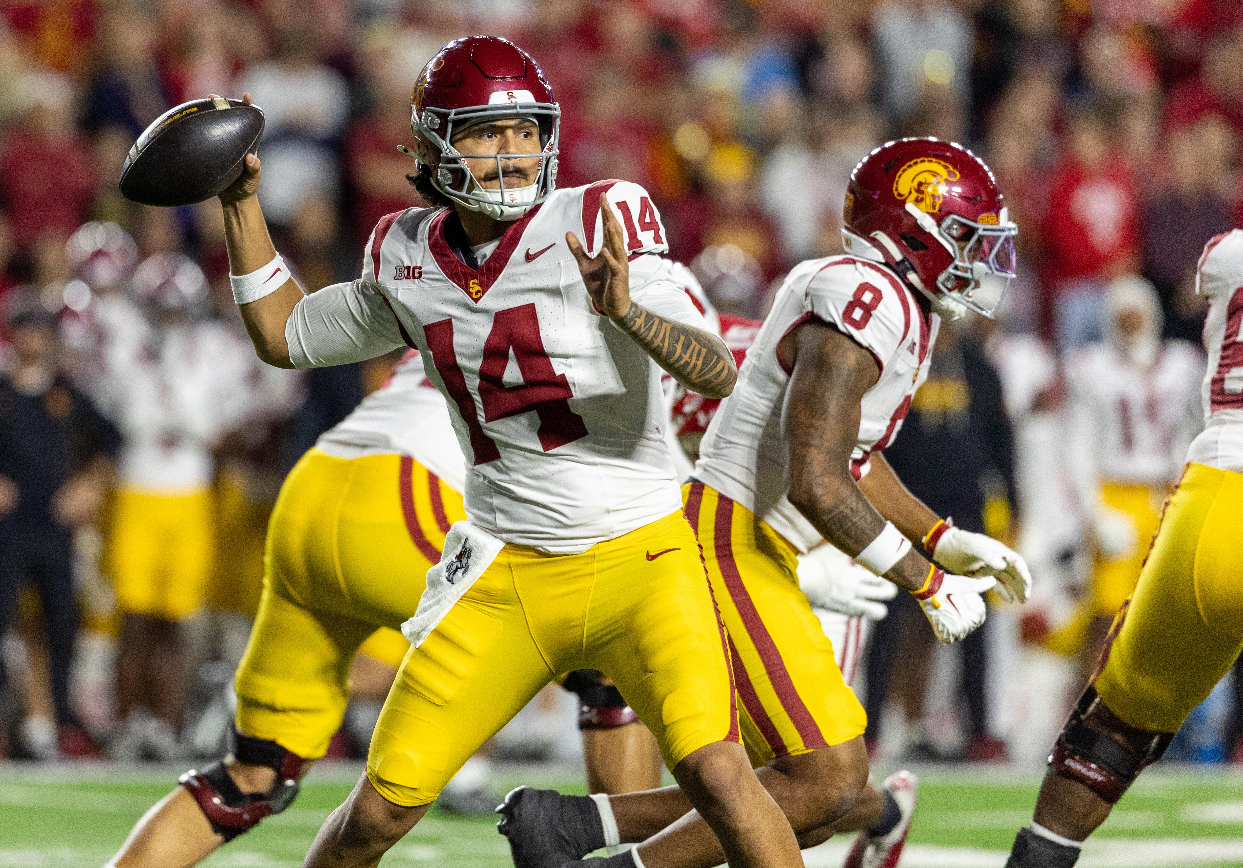 Pictured: Jayden Maiava throwing a pass as we break down our Ohio State vs. USC Prediction. Photo by Anthony Wahl-Imagn Images.