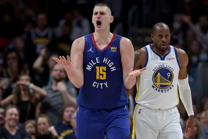 Nikola Jokic of the Denver Nuggets looks for a foul call against the Golden State Warriors.