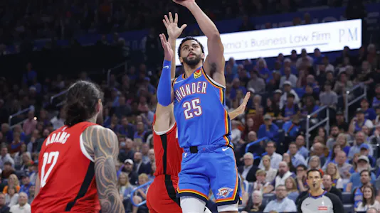 Oklahoma City Thunder guard Ajay Mitchell shoots as we make our best NBA player props today