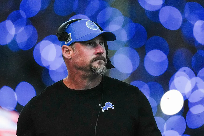 Detroit Lions head coach Dan Campbell looks on as we break down the Detroit Lions Super Bowl odds entering NFL Week 14.