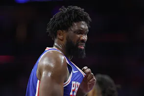 Philadelphia 76ers center Joel Embiid (21) reacts after being hit in the upper body, as we dive into our best NBA player prop bets for tonight.
