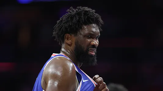 Philadelphia 76ers center Joel Embiid (21) reacts after being hit in the upper body, as we dive into our best NBA player prop bets for tonight.