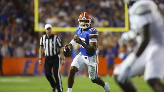 Anthony Richardson of the Florida Gators looks to pass during the second quarter of a game against the South Florida Bulls at Ben Hill Griffin Stadium on September 17, 2022.