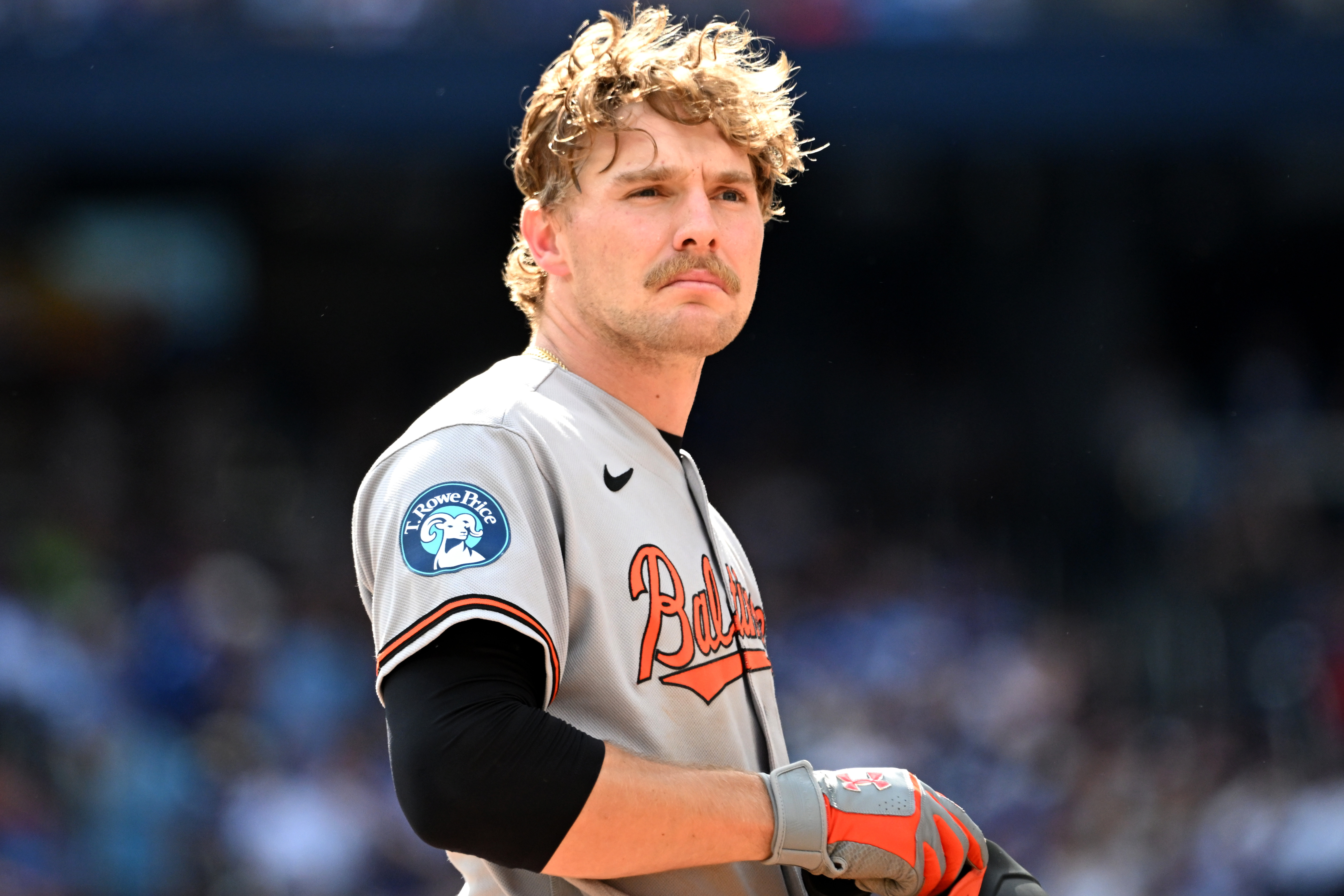 Baltimore Orioles shortstop Gunnar Henderson (2) waits for play to resume as we break down our best home run predictions tonight.