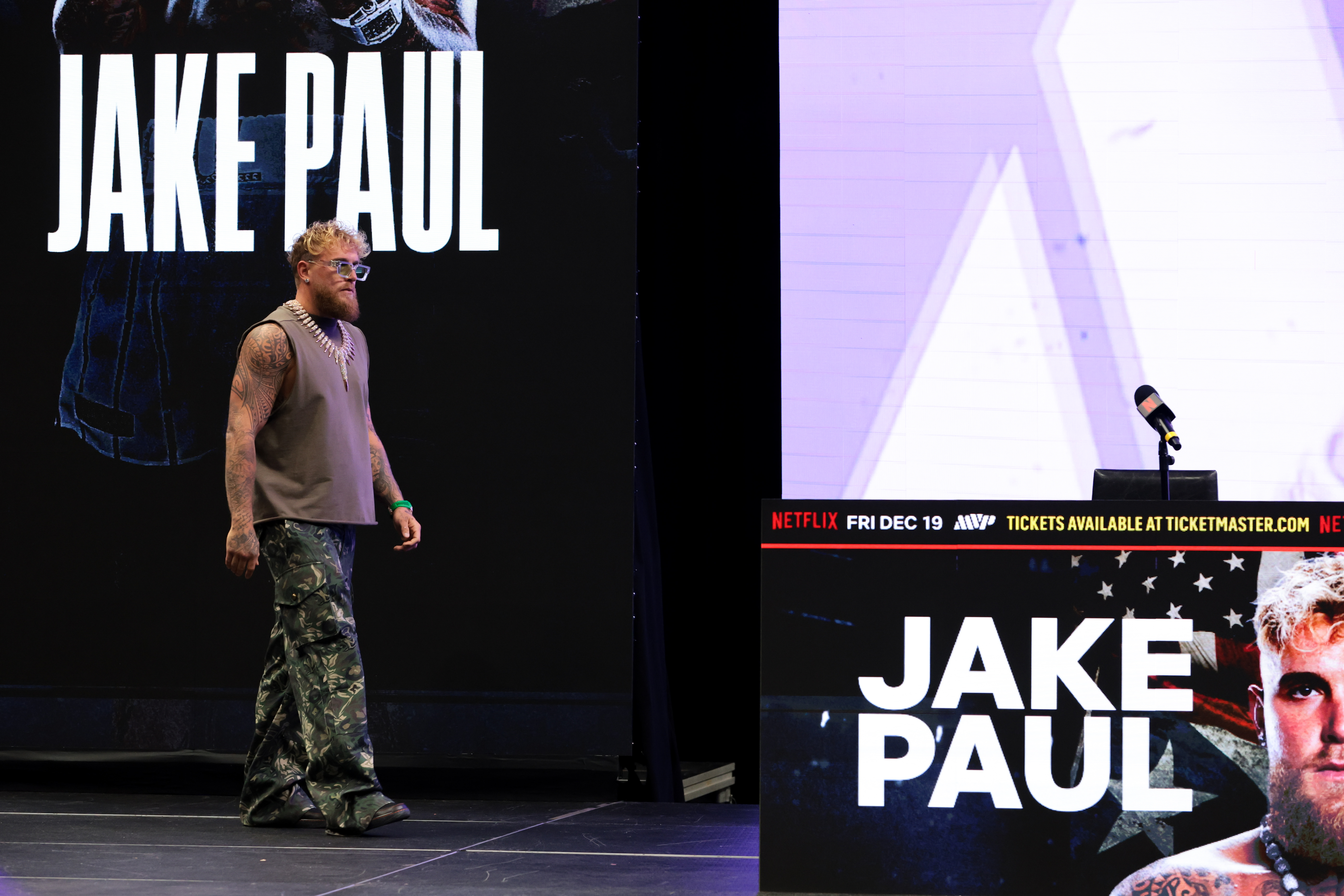 Jake Paul is introduced during a press conference announcing his heavyweight boxing match against Anthony Joshua at Kayesa Center.