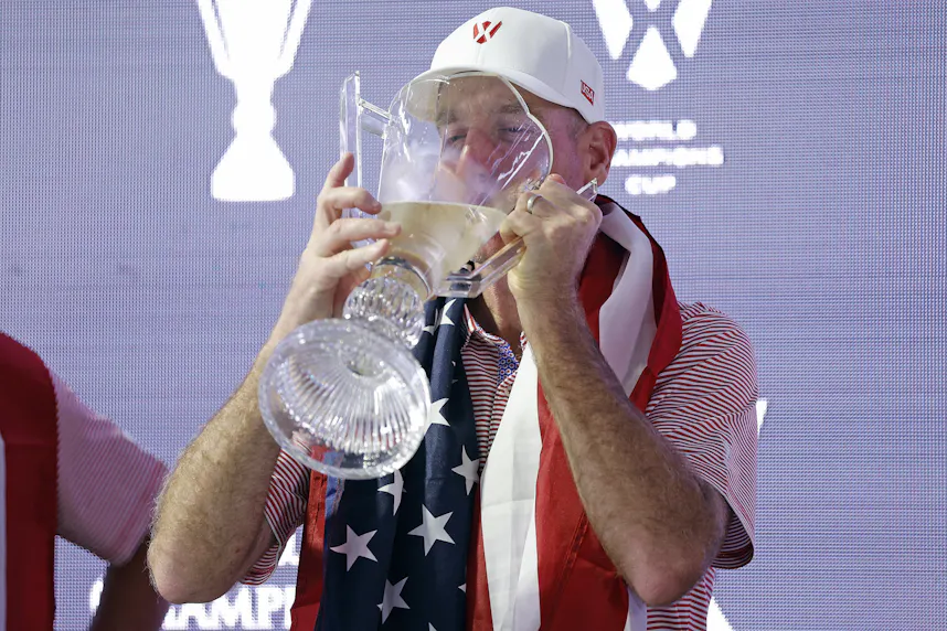 Team USA captain, Jim Furyk drinks out of the World Champions Cup trophy as we look at the Presidents Trophy odds