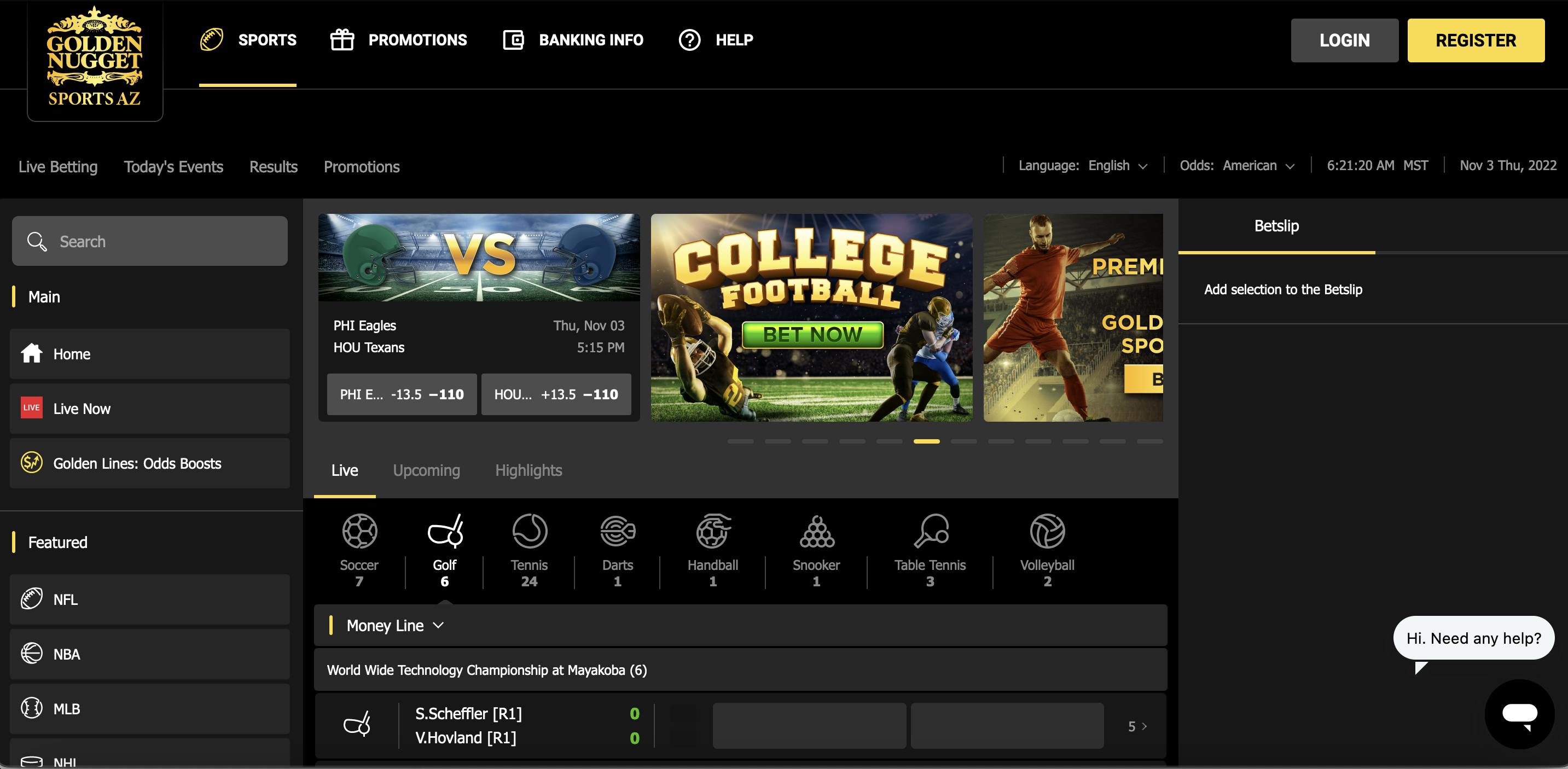 Golden Nugget sportsbook homepage<br>