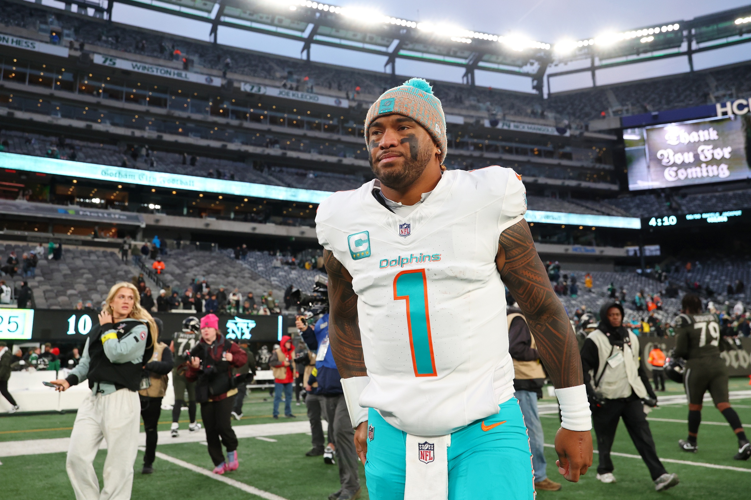 Miami Dolphins quarterback Tua Tagovailoa walks on the field, and he's a key figure as we look at the Dolphins vs. Steelers Monday Night Football trend