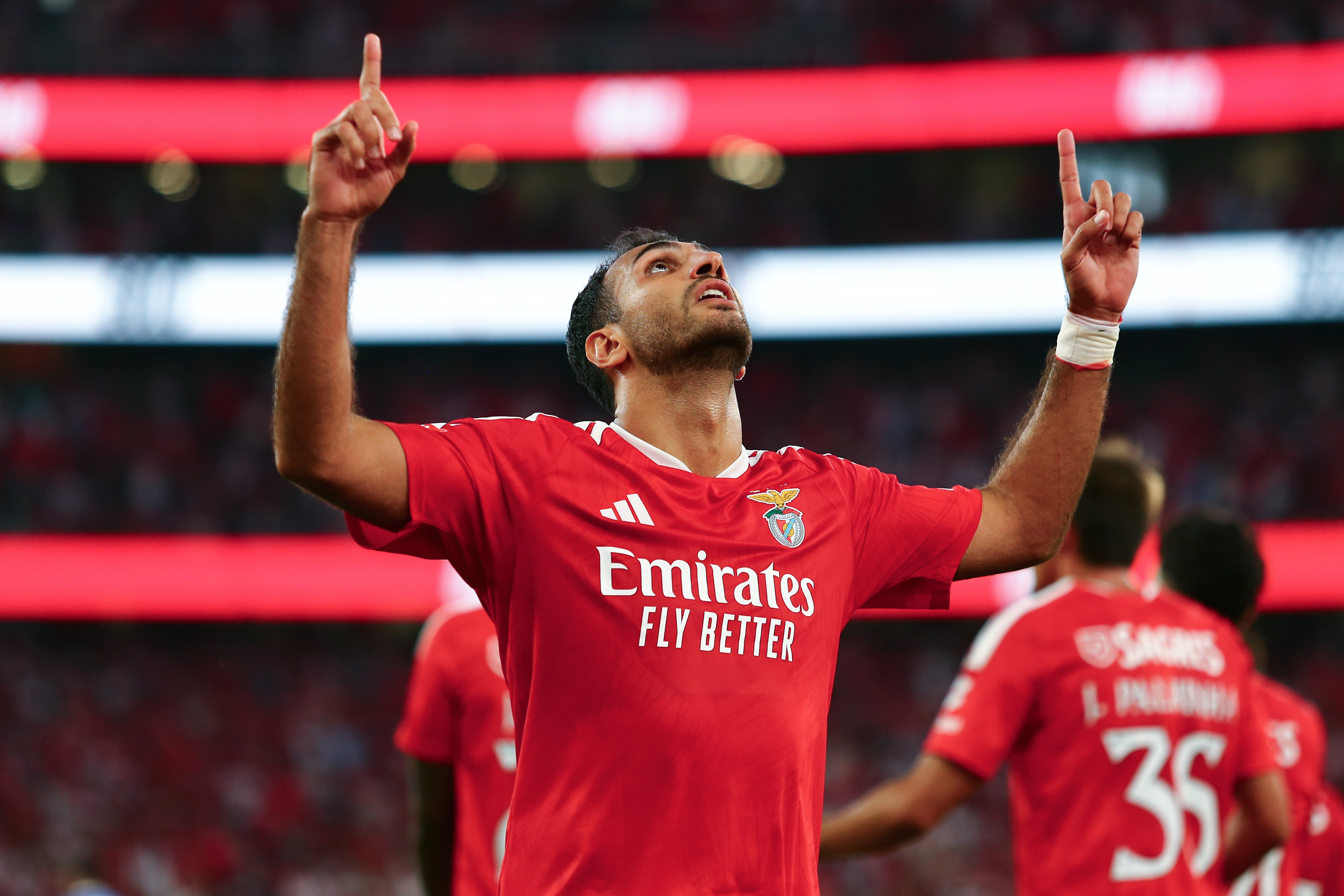 Vangelis Pavlidis of SL Benfica celebrating a goal as we make our best AC Milan vs. Benficat prediction.