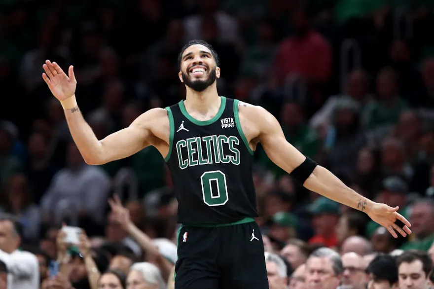 Jayson Tatum of the Boston Celtics reacts against the Cleveland Cavaliers during Game 5 of the NBA playoffs. We're backing Tatum in our Pacers vs. Celtics Player Props.